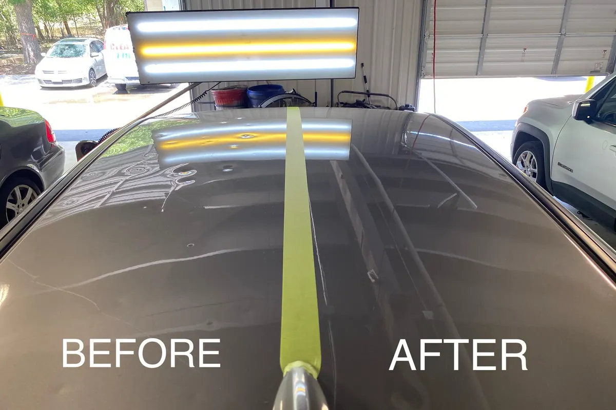 Paintless dent repair before and after comparison under an inspection light